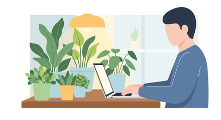 Fototapeta premium A serene home office scene with a character focused on a laptop, surrounded by numerous potted plants, illustrating a calm and productive remote workspace environment