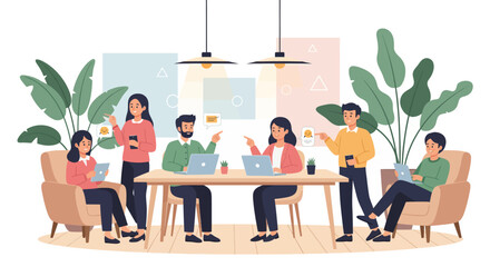 Fototapeta premium A diverse group of characters in a collaborative work scene, highlighting teamwork and modern office spaces