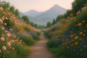 Serene Floral Pathway with Majestic Mountain View at Sunrise