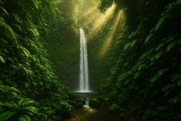 Serene Jungle Waterfall with Sunlit Lush Greenery in Tropical Paradise