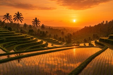 Stunning Sunset over Lush Green Terrace Rice Fields with Palm Trees
