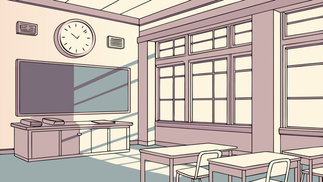 School Delay/ Stylized illustration of an empty classroom with desks, large windows, and a clock on the wall
