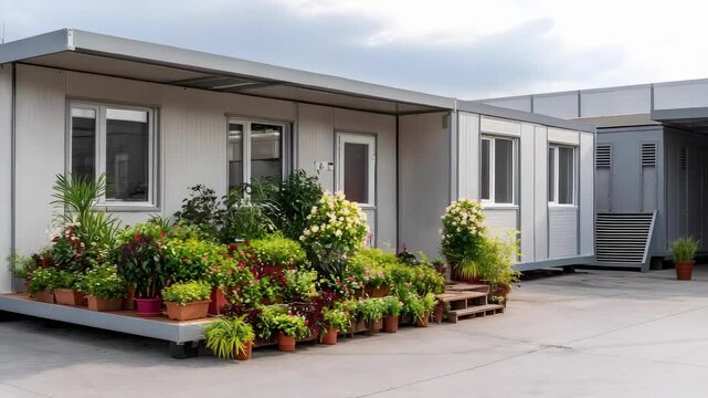 A single-story modular building with a small porch and many potted plants on a wooden deck.
