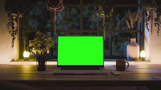Laptop green screen mockup front view zoom in on desk with warm night light and indoor plants &ndash; cozy home office workspace. Screen tracking clip and matte included