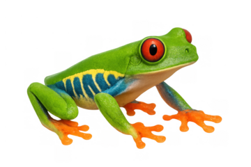 Red-eyed tree frog with red eyes, vibrant green skin, and orange toes on a transparent background
