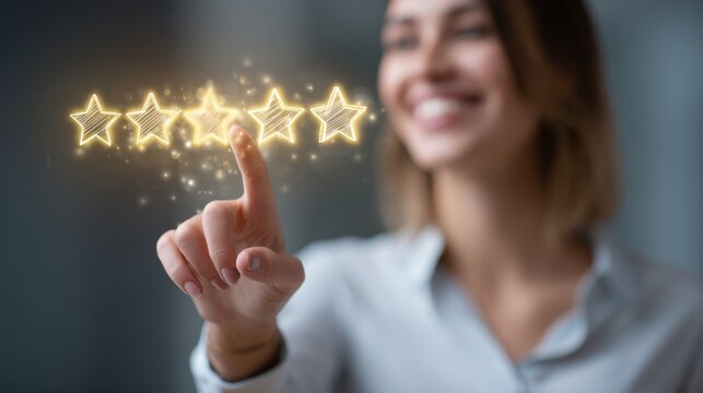 A woman is smiling and pressing a button that has five stars on it. Concept of positivity and achievement