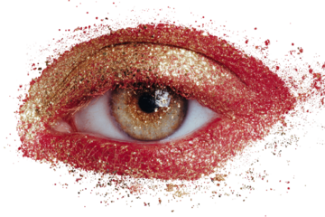 Eye shadow with glittering red and gold colors on the eye, transparent background