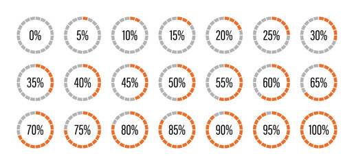 Progress bars. Template of orange and gray color fill pie charts indicator. Round graph loading progress set. Circle diagrams icons for infographics from 0 to 100 percent. Round percentage infographic