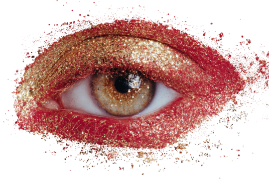  Eye shadow with glittering red and gold colors on the eye, transparent background
