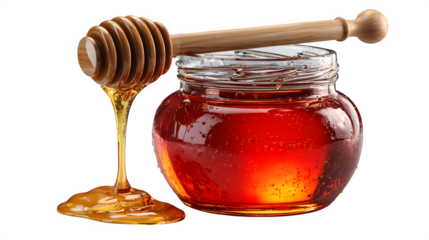 Honey jar with dipper 3D rendered, stylized glass texture, isolated on white background