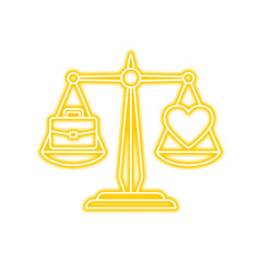 Scales of justice showing a briefcase on one side and a heart on the other, illuminated with a yellow glow.