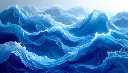 Stylized depiction of ocean waves with translucent quality and a gradient of blues