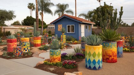 Colorful ceramic planters adorn backyard landscape with small blue house and succulents