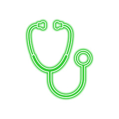 Green neon outline of a stethoscope on a white background, symbolizing healthcare and medical diagnosis.