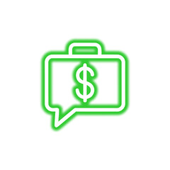 A glowing green briefcase icon with a dollar sign speech bubble, representing business finance.