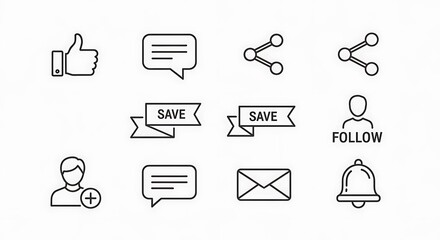 Social Media Icons - Like, Comment, Share, Save, Follow, and More.
