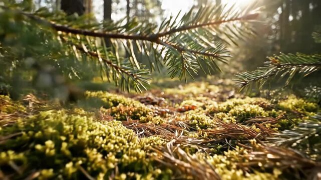Close-up of sunlit forest floor with moss and pine tree branch. Morning sunlight shining through trees in natural woodland. Golden hour in nature