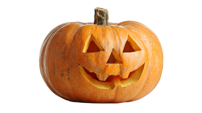 Jack-o??lantern Halloween pumpkin, variation with dramatic grin, glowing inner light, isolated on white background