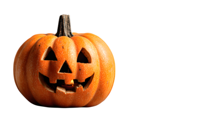 Jack-o??lantern pumpkin, carved glowing face with candle light, festive detail, isolated on white background