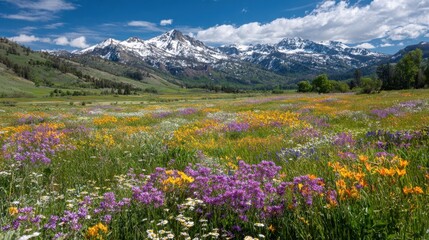 Fototapeta premium A field of wildflowers with a mountain in the background. The flowers are in various colors, including purple, yellow, and orange. The scene is peaceful and serene