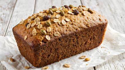 Close-up of a freshly baked homemade whole grain loaf topped with oats and raisins, resting on parchment paper over a rustic wooden table under warm natural light.