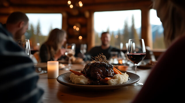 Cozy dining experience featuring braised beef, mashed potatoes, and carrots, set against a rustic backdrop, shared with friends over wine and warm conversation.
