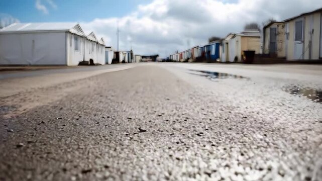 Row of colorful beach huts along a wet road, a puddle in the foreground reflecting a cloudy sky.