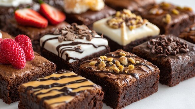 A row of brownies with different toppings, including chocolate chips, nuts, and caramel. The brownies are arranged in a grid on a white surface