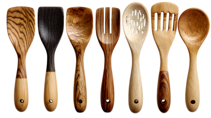 Kitchen utensils (variation), wooden handles with grain texture, soft studio light, isolated on white background