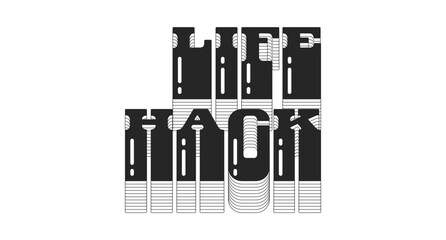 Life hack bold black viral internet slang typography. Clever tip lingo. Creative advice help. Lifehack solution. Monochrome 80s synthwave buzz word with layered shadow. Pop culture. Danfo font used