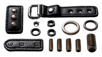 Leather and metal key fob components, hardware spread neatly, product lighting, isolated on white background