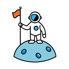 astronaut planting flag on alien planet on white background