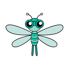 dragonfly wearing tiny goggles on white background