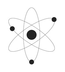 Atom model 2D line object. Atomic structure. Science and physics. Educational graphic. Scientific nucleus with orbiting electrons isolated clipart vector ink outline item. Monochrome spot illustration