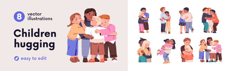Happy children hugging set. Cute kids embracing, friends and siblings, family together. Child group, couple. Love and friendship, bonding concept. Flat vector illustration isolated on white background