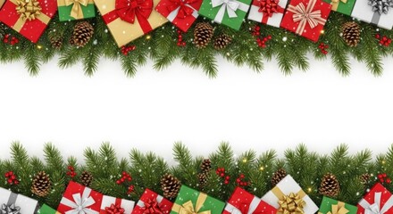 Christmas gift boxes and pine branches with berries and pinecones on a white background.