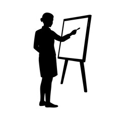 silhouette of teacher writing on whiteboard on white