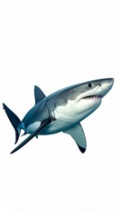 Obraz premium Majestic Great White Shark Swimming in Profile Isolated on White Background.