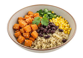 Isolated Buddha bowl with sweet potatoes, black beans, corn, herbs, and quinoa grains