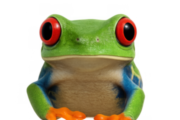 Red-eyed tree frog with prominent red eyes, displaying vibrant green, blue, and orange colors, isolated on transparent background