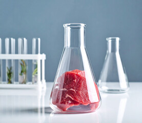 Cultured meat sample on laboratory table with test tubes