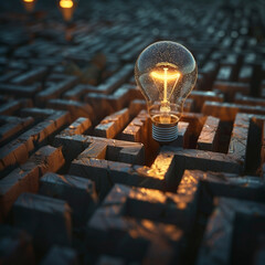 Glowing light bulb inside complex maze representing discovery