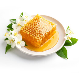 Honeycomb closeup with flowers and natural sweetness theme