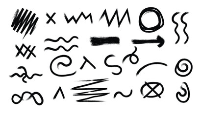 Collection of hand drawn scribbles doodles and abstract shapes including arrows and circles on white background