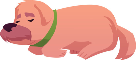Wound dog lies tucking his paws under himself, cartoon sick brown puppy, hurt injured animal pet, vector flat veterinary