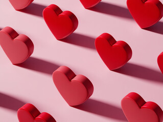 Bright red and pink hearts arranged on a soft pink background creating playful shadows during daylight hours