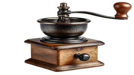 Manual coffee grinder, wooden base with crank handle, isolated on white background