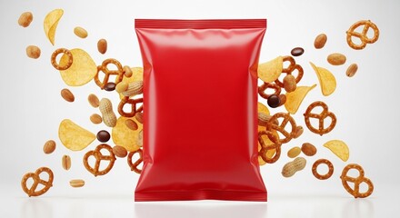 Blank red foil snack bag centered with an explosion of assorted savory snacks like pretzels, peanuts, and chips around it on a white background.