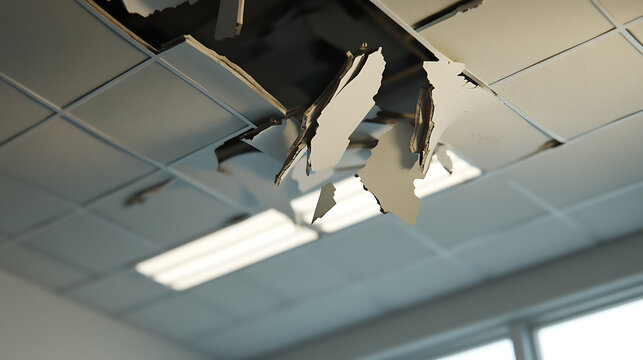 Damaged ceiling tiles reveal disrepair above, with exposed lighting adding stark contrast. A scene of neglect and needed repairs in an office space. The hole is a focal point.