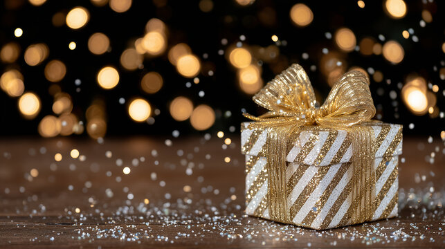 Elegant golden gift box illuminated by warm fairy lights, glitter and confetti falling around it like stardust, representing happiness and holiday magic - Powered by Adobe